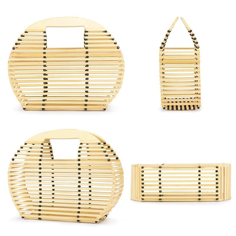 Half Moon Bamboo Bag - Circular Bamboo Handbag - Beading Hollow Out Bag