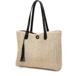Round Straw Bag with Tassels - Woven Bag with Leather Strap Handle