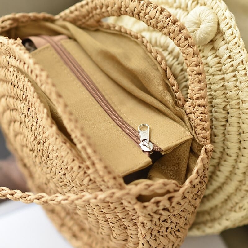 Round Straw Crossbody Bag - Circular Straw Beach Bag for Summer - Rattan Bali