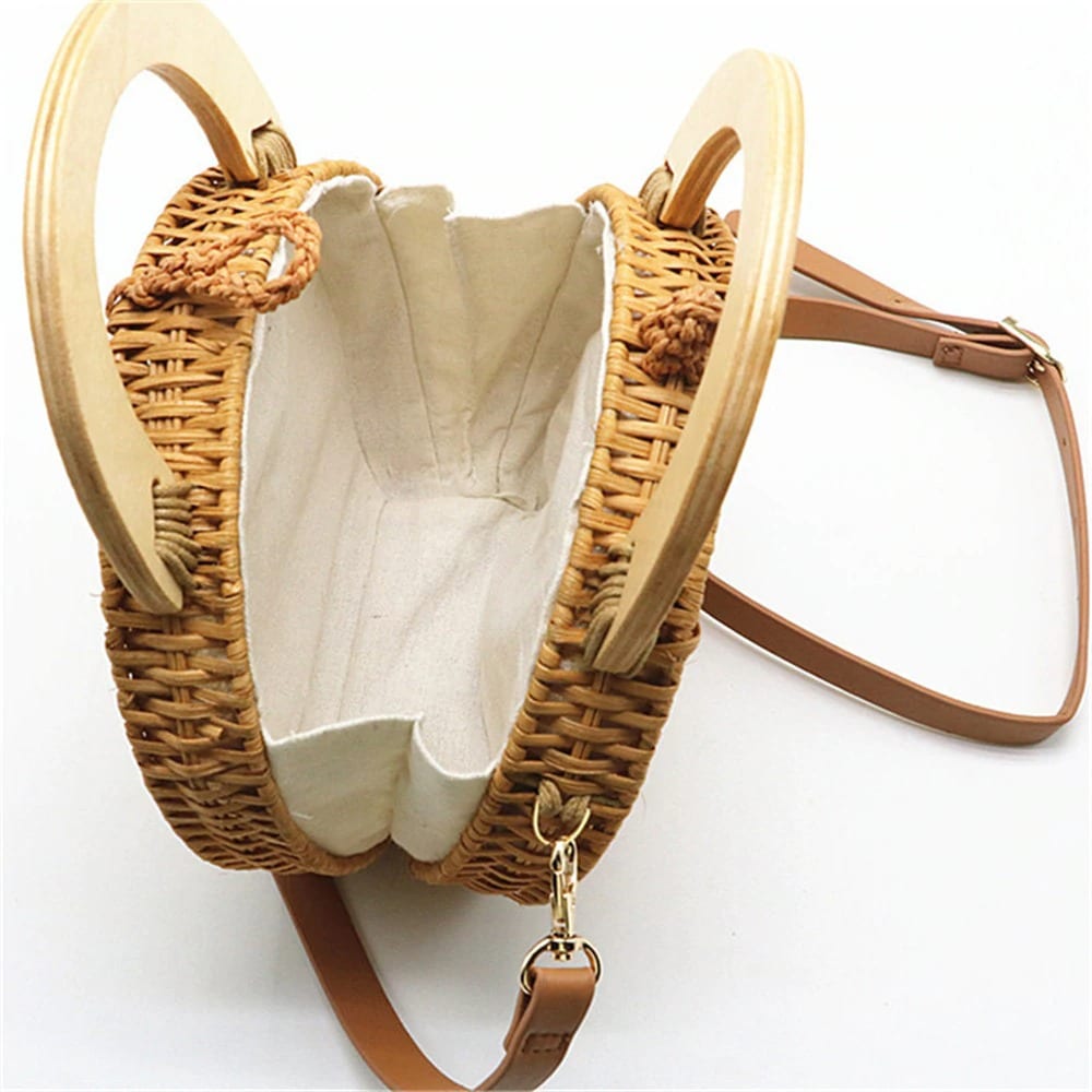 New Ladies Shoulder Bags Fashion Wooden Handle Rattan Knit Bags Weaving Straw Bags